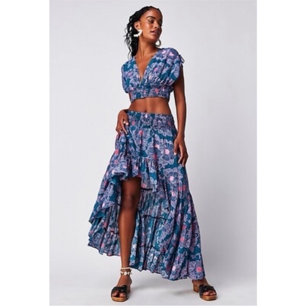 Free People Blue Floral High-Low Maxi Skirt